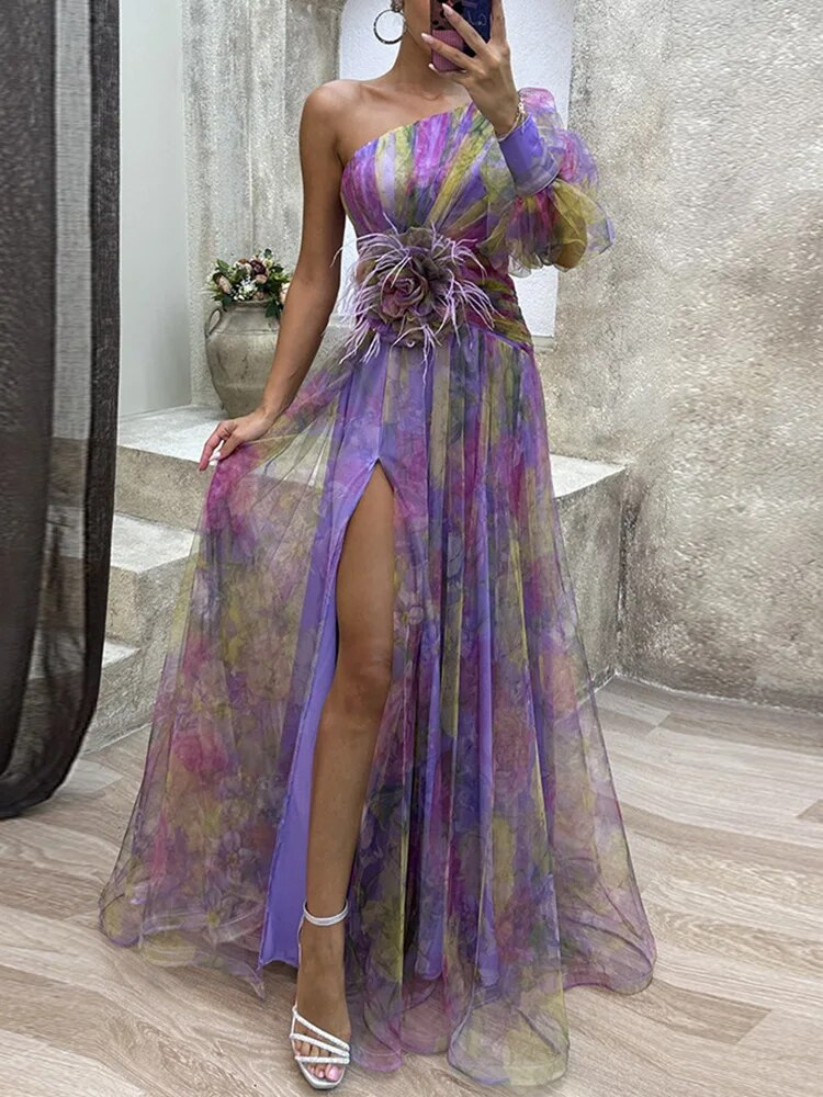 Levoire | Robe maxi asymétrique avec motif floral Robe d'été pour femmes Lilas