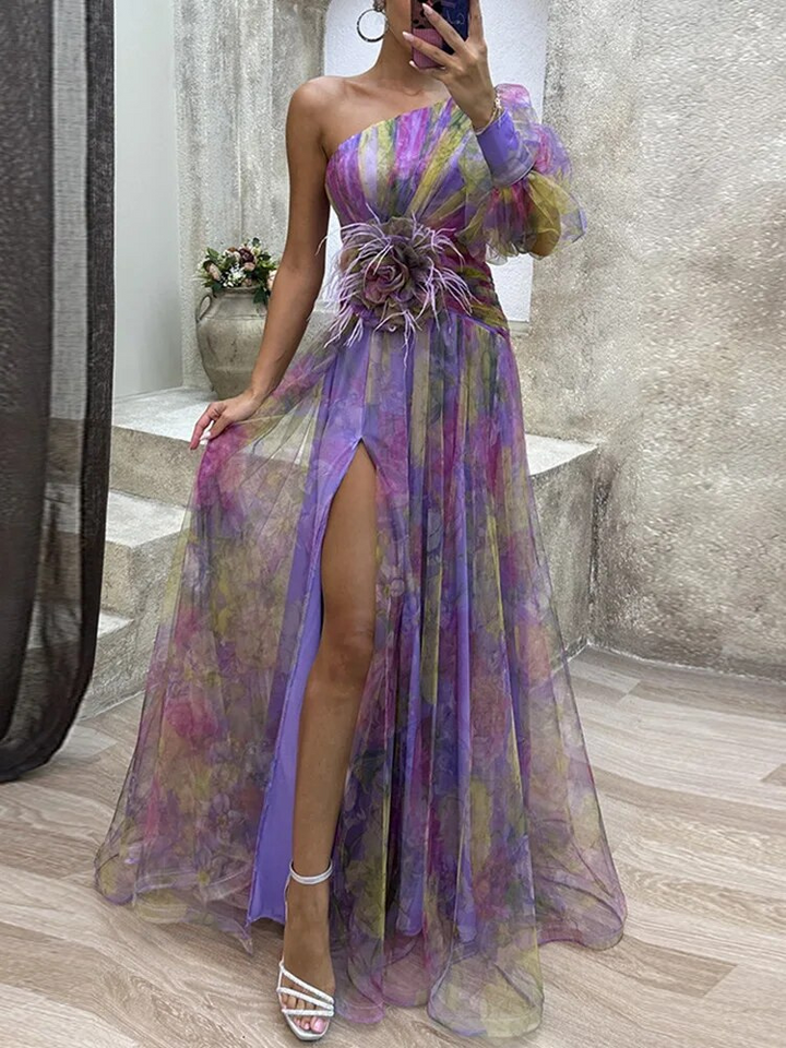 Levoire | Robe maxi asymétrique avec motif floral Robe d'été pour femmes Lilas