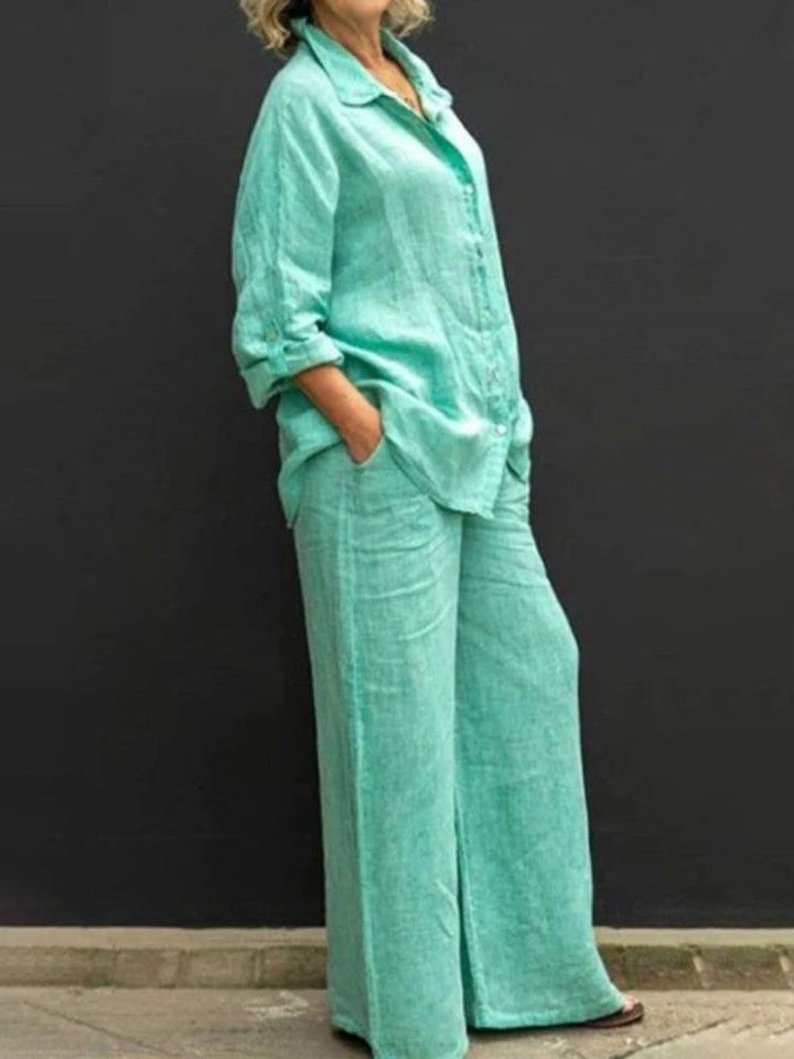 Levoire | Ensemble 2 Pièces En Lin Blouse À Revers Pour Femmes Style Vintage Vert clair