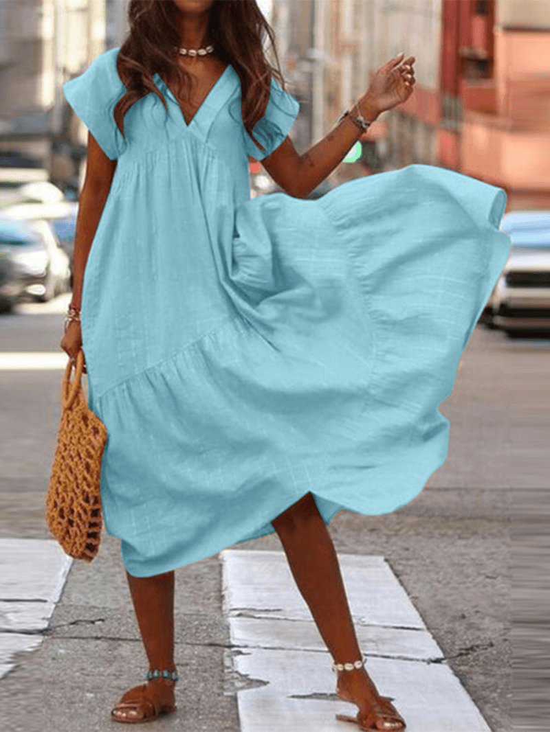 Levoire | Robe décontractée ample à col en V 100% coton pour femmes Bleu