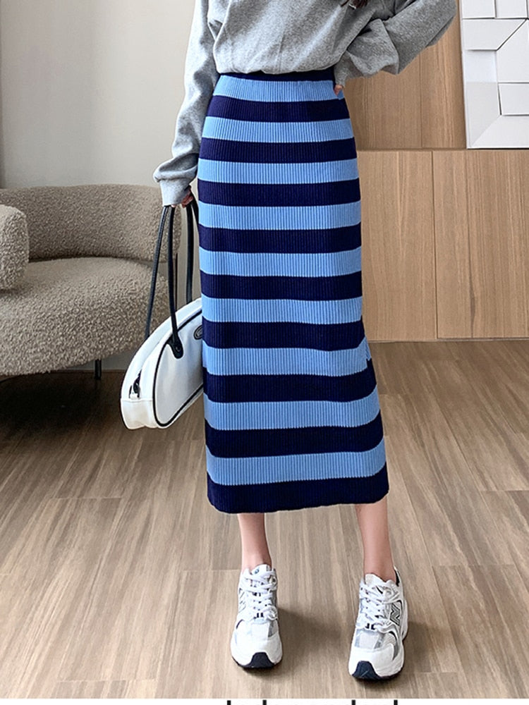 Levoire | Jupe Midi En Tricot Rayée Une taille Bleu