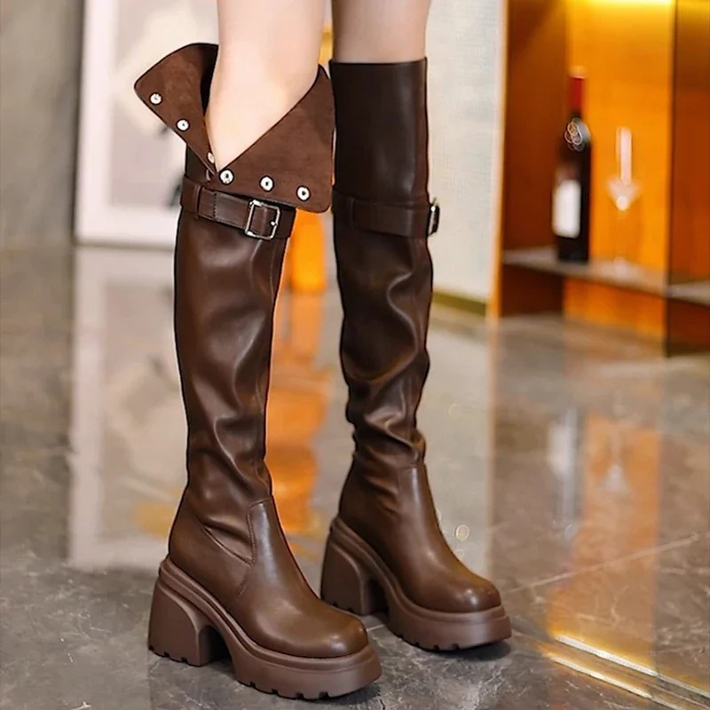 Levoire | Bottes hautes pour femmes avec sangle réglable et semelle plateforme Orange foncé