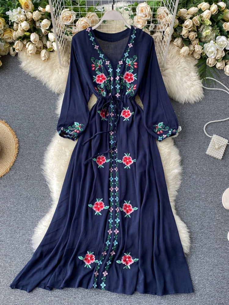 Levoire | Robe Longue À Col En V Brodée Une taille Bleu