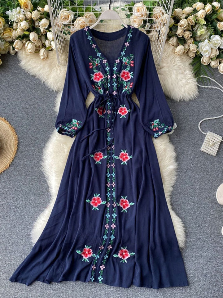Levoire | Robe Longue À Col En V Brodée Une taille Bleu