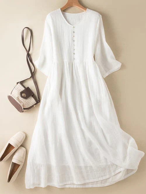 Levoire | Robe Rétro Pour Femmes, Décolleté En V, Unie, Manches Mi-Longues Blanc