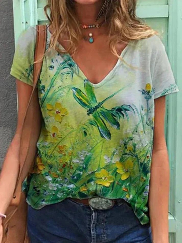 Levoire | Chemise À Col En V Peinture Art Floral Bleu