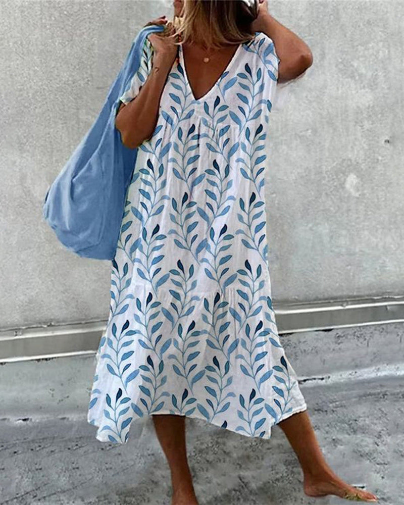 Levoire | Robe pour femme avec décolleté en V et imprimé de feuilles - Bleu Bleu