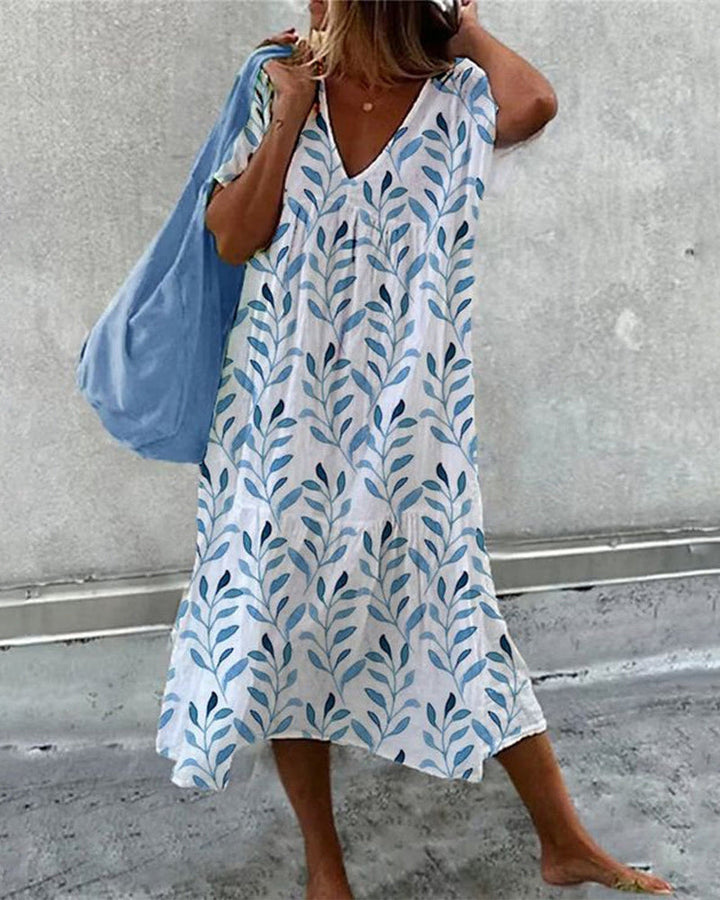 Levoire | Robe pour femme avec décolleté en V et imprimé de feuilles - Bleu Bleu