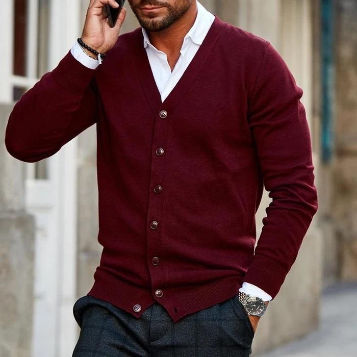 Levoire | Cardigan Décontracté Pour Hommes Rouge foncé