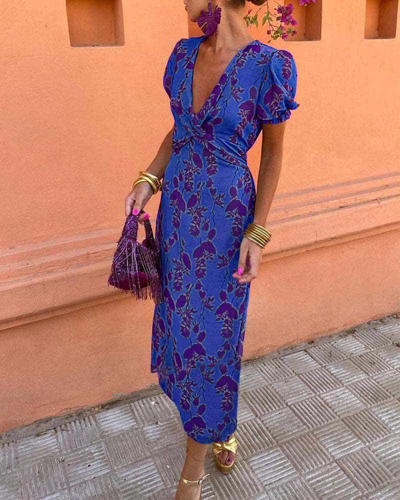Levoire | Robe Élégante Ajustée Avec Manches Bouffantes Bleu