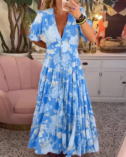 Levoire | Robe Longue Élégante À Décolleté En V Bleu