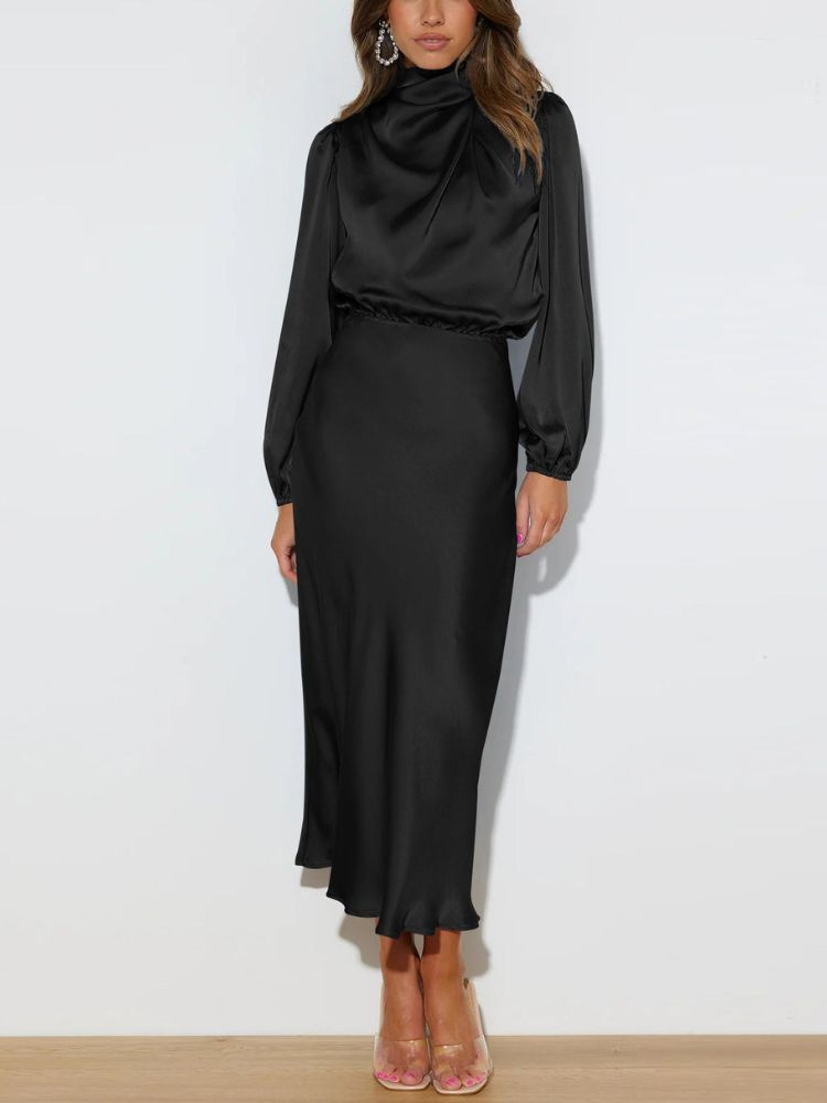 Levoire | Robe élégante pour femmes en satin avec des manches longues Noir