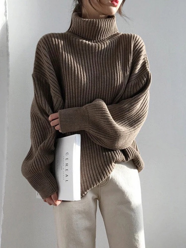 Levoire | Pull femme à col montant, pull oversized à côtes, chaud et élégant Braun