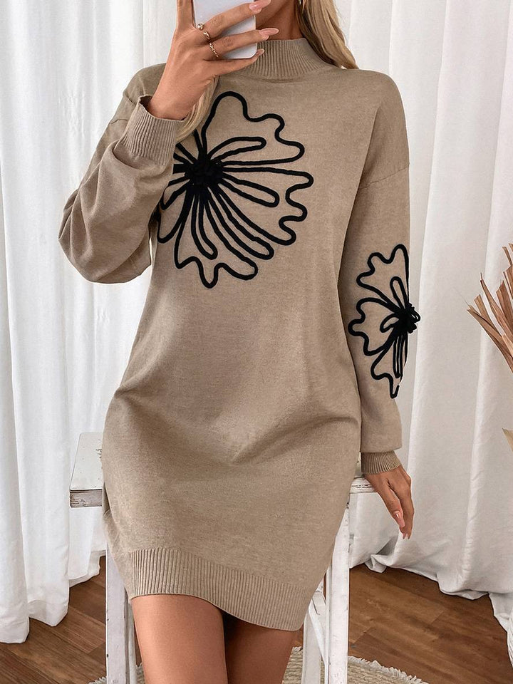 Levoire | Robe Courte Avec Imprimé Floral, Col Montant Et Manches Longues, Parfaite Pour Tous Les Jours Kaki