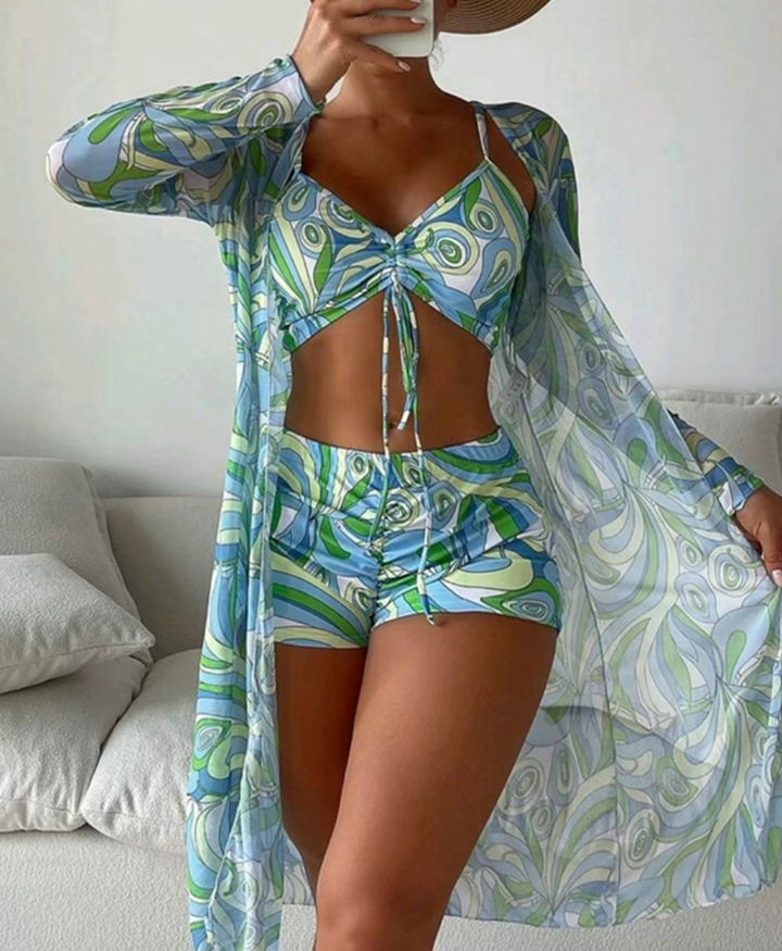 Levoire | Ensemble De Bikini Trois Pièces Avec Cover-Up Transparent Pour Dames Vert