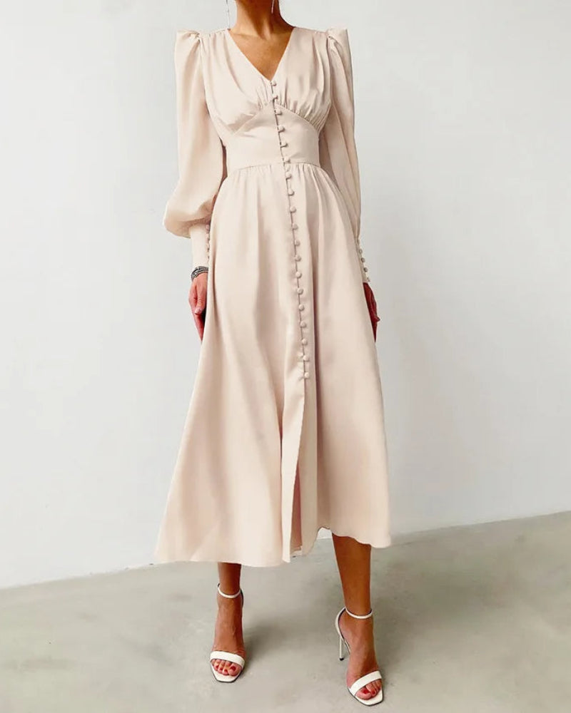 Levoire | Robe Maxi en Soie Décolleté en V pour Femmes Beige