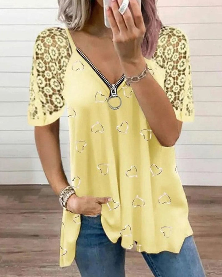 Levoire | Blouse Avec Cœurs Et Manches En Dentelle Avec Fermeture Éclair Jaune