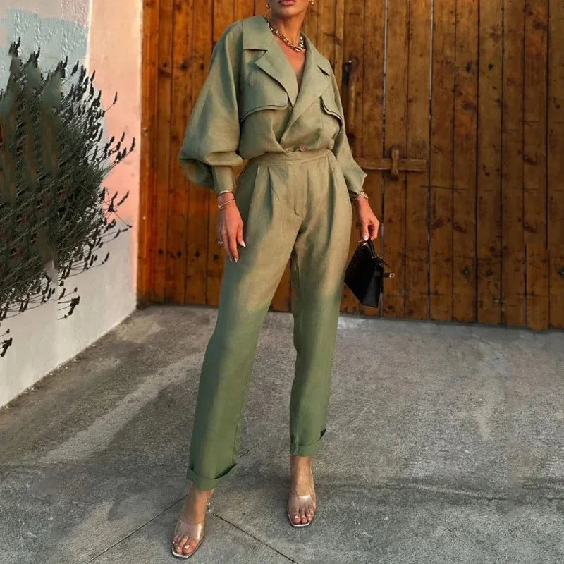 Levoire | Veste Bleue Pour Femmes À Manches Longues Et Pantalons Longs, Revers À La Mode