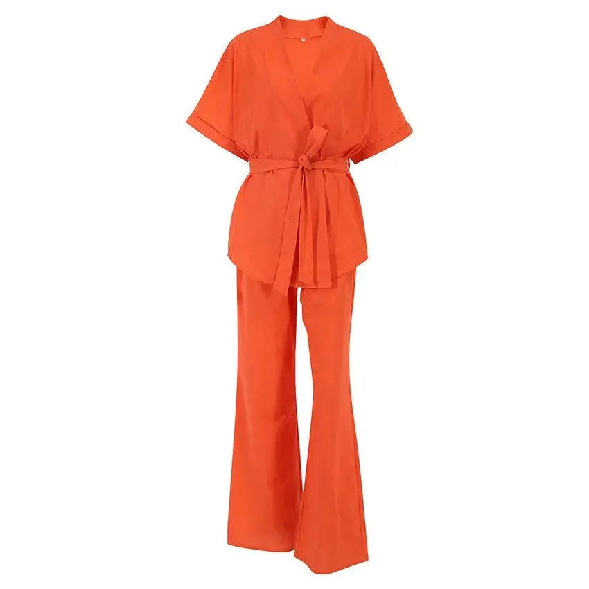 Levoire | Ensemble deux pièces comprenant un short et un haut à manches courtes, fabriqué en coton et en lin Orange