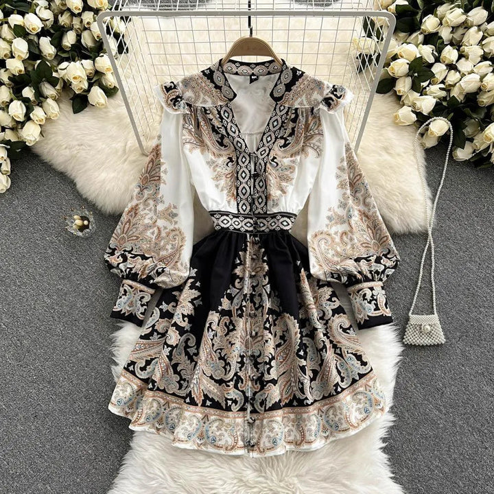 Levoire | Robe imprimée pour femmes avec des manches ballons et un décolleté en V