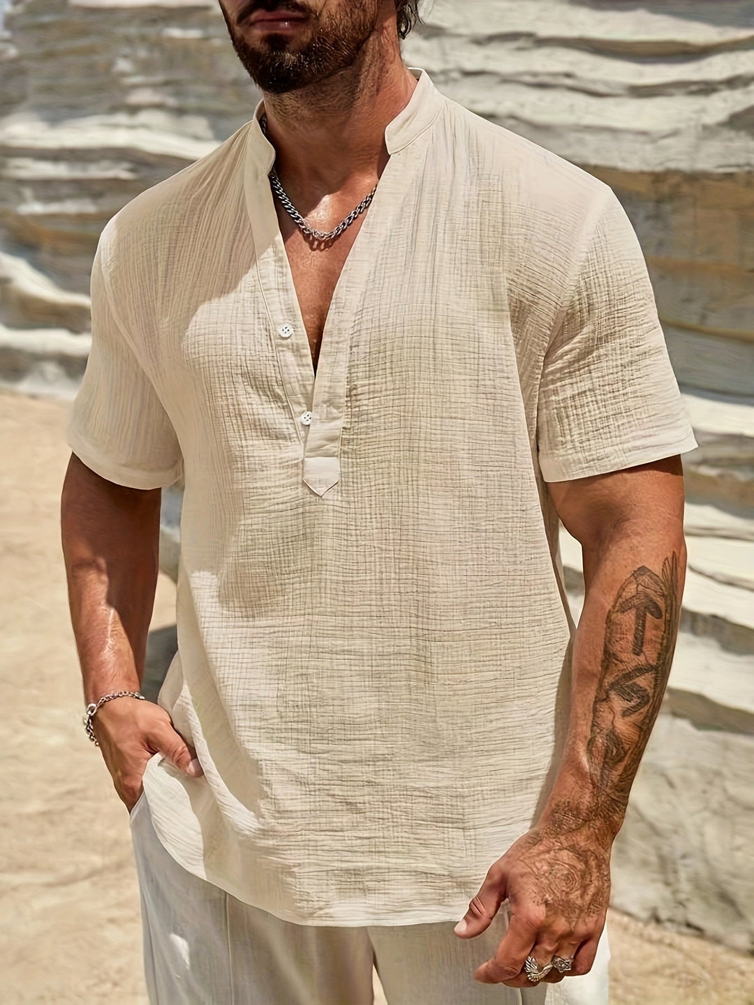 Levoire | Chemise Henley En Coton Pour Hommes À Manches Courtes