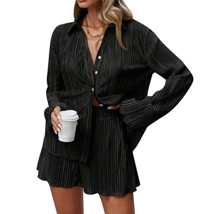 Levoire | Taille avec shorts et manches longues, retourné, uni, décontracté plissé Noir