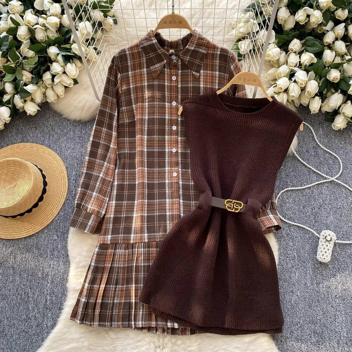 Levoire | Vintage Femmes Ensemble : Robe à Carreaux et Ceinture en Tricot Braun Taille libre