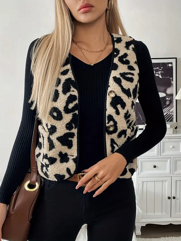 Levoire | Gilet Élégant Avec Motif Léopard Et Décolleté En V Pour Femmes Beige