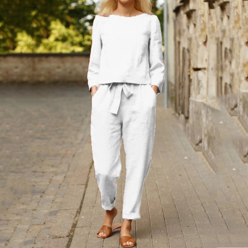 Levoire | Ensemble Élégant De Blouse Et Pantalon Pour Femmes Blanc