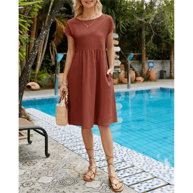 Levoire | Coton Lin Robe Midi À Manches Courtes Orange