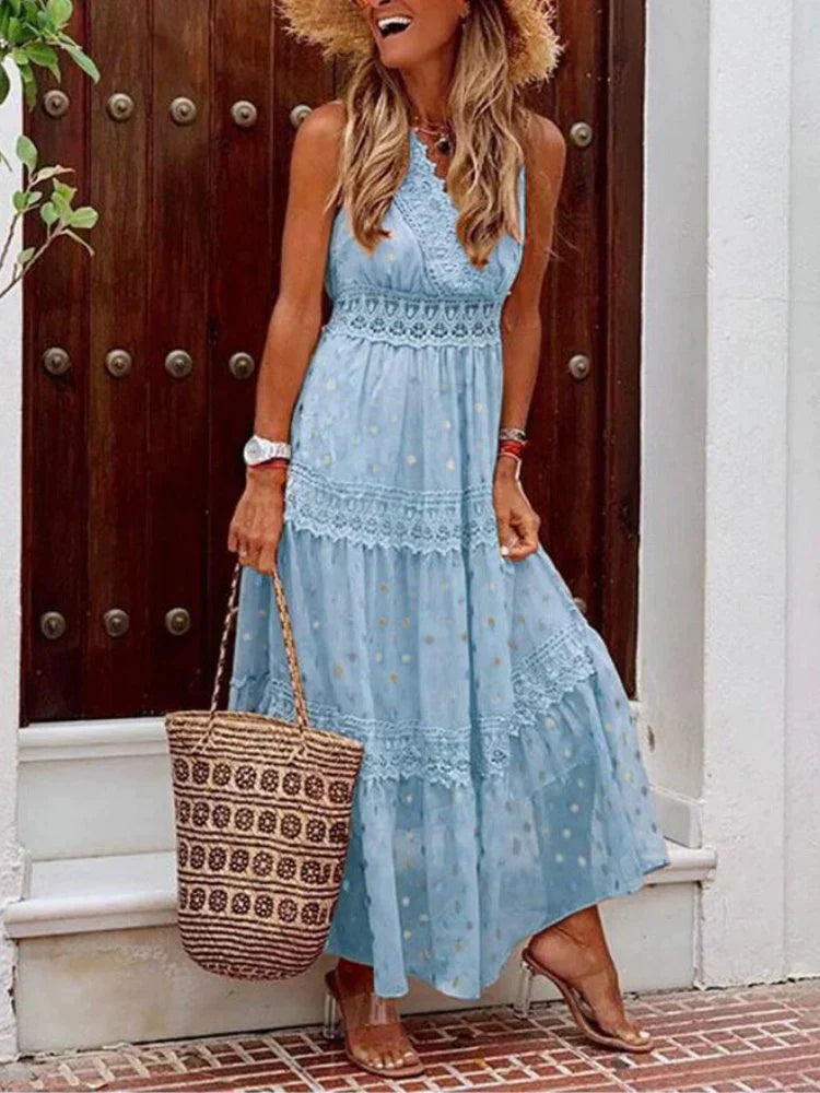 Levoire | Robe Longue Élégante Avec Détails En Dentelle Bleu