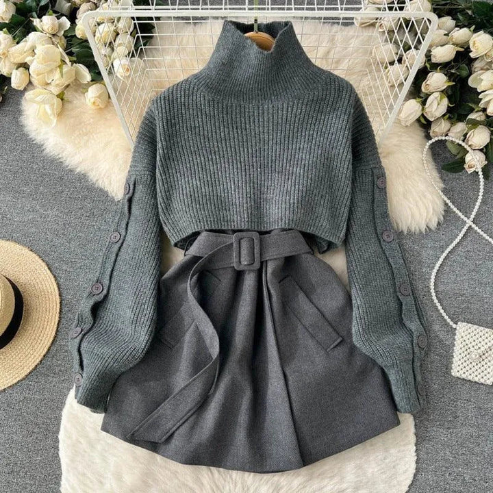Levoire | Robe femme 2 pièces : pull court et jupe avec une élégante ceinture Costume gris
