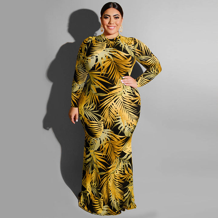 Levoire | robe longue ajustée à encolure ronde à motif JAUNE