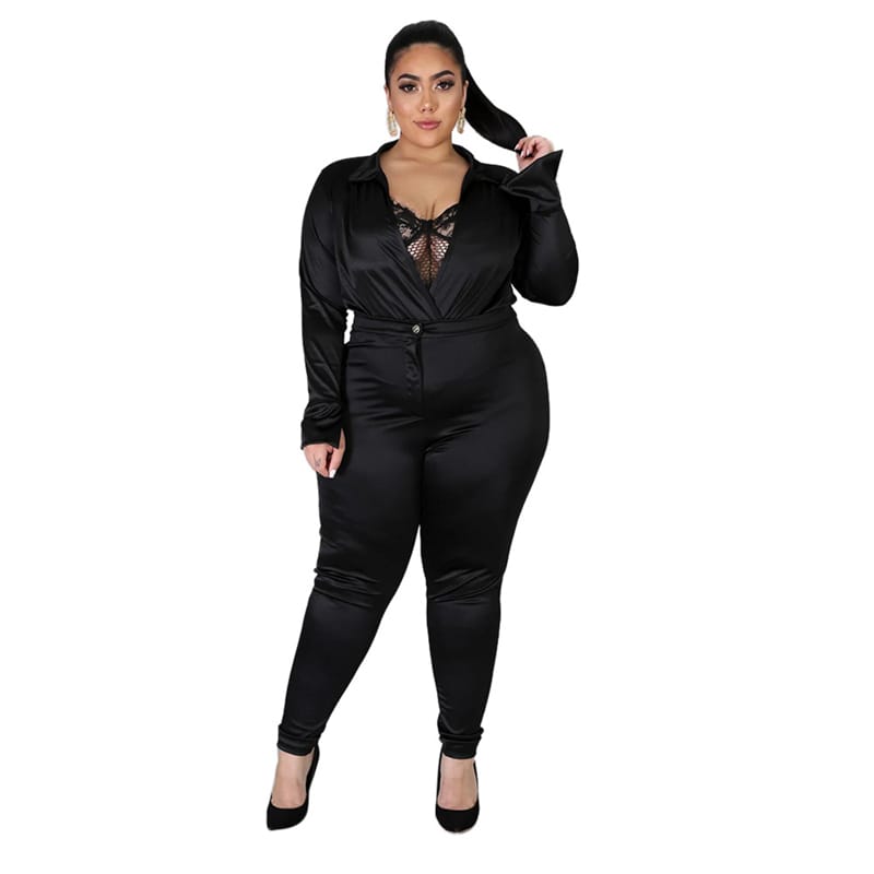 Levoire | Deux pièces V-cou et pantalons unis NOIR