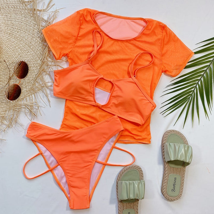Levoire | Maillot de bain trois pièces sexy à manches courtes couleur néon