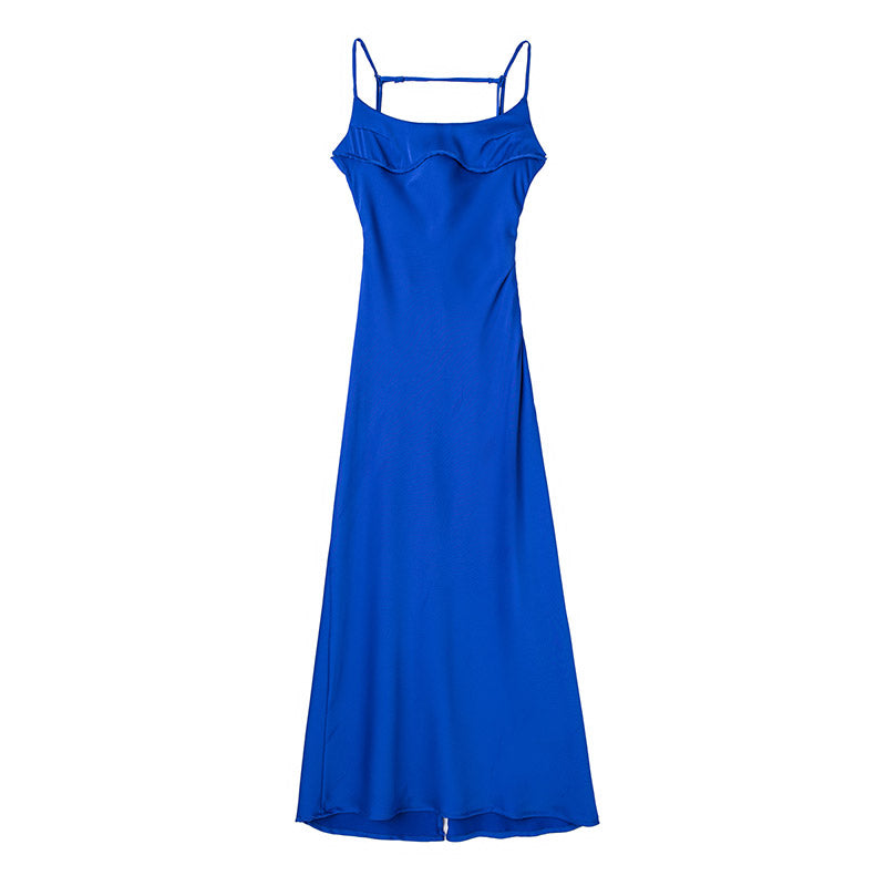 Levoire | Satin Sans Épaules Dos U Fente Midi Robe Bleu