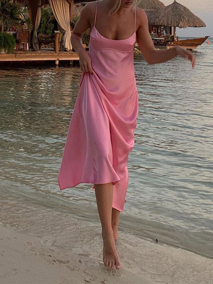 Levoire | Satin Sans Épaules Dos U Fente Midi Robe