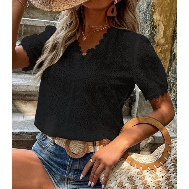 Levoire | T-Shirt Dames Léger Avec Motif En Dentelle Et Décolleté En V Noir