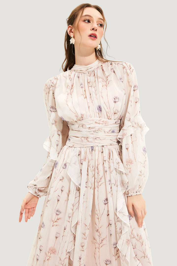 Levoire | Chic Couture Robe D'Été Avec Imprimé Floral - Été 2024 Beige
