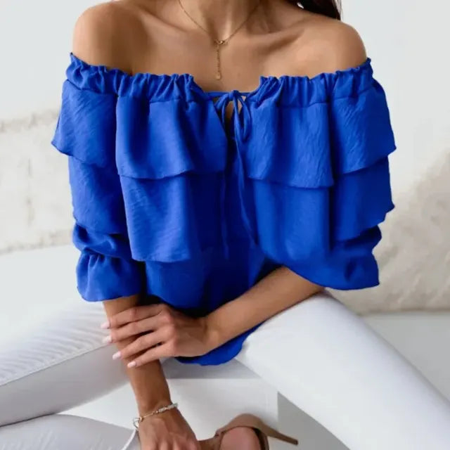 Levoire | Haut De Blouse En Chiffon Off-Shoulder Pour Femmes Avec Volants Bleu