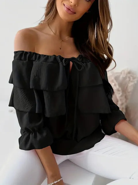 Levoire | Haut De Blouse En Chiffon Off-Shoulder Pour Femmes Avec Volants Noir