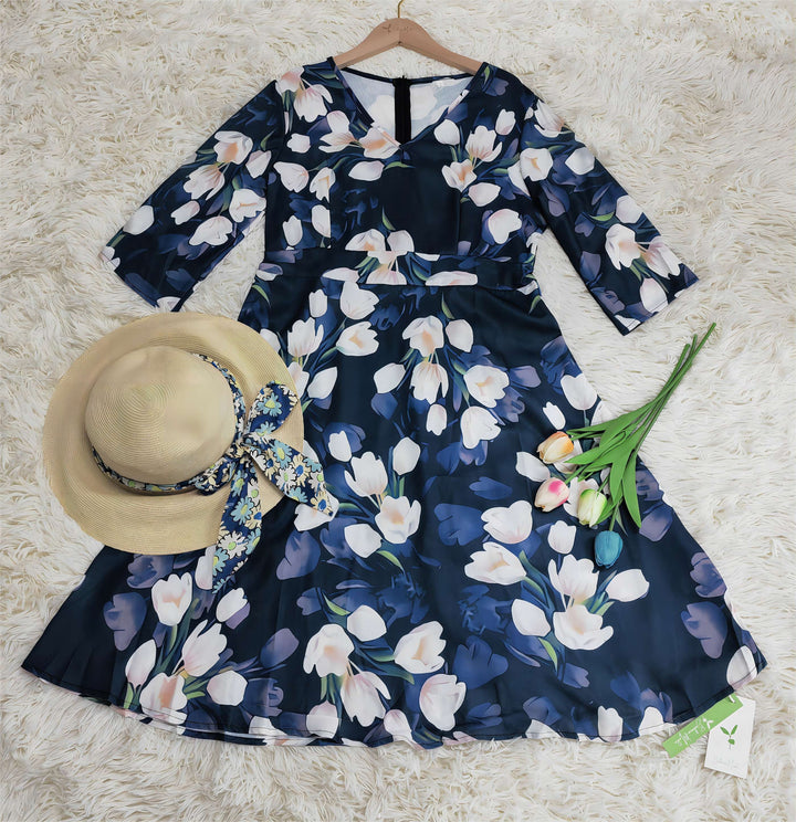 Levoire | Imprimé De Tulipes Fleuries Robe Midi Flottante Pour Femmes