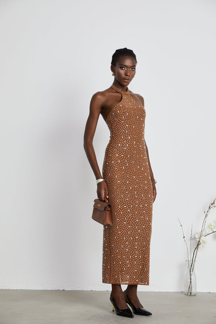 Levoire | Robe Maxi Bodycon À Dos Nu Ornée De Brun