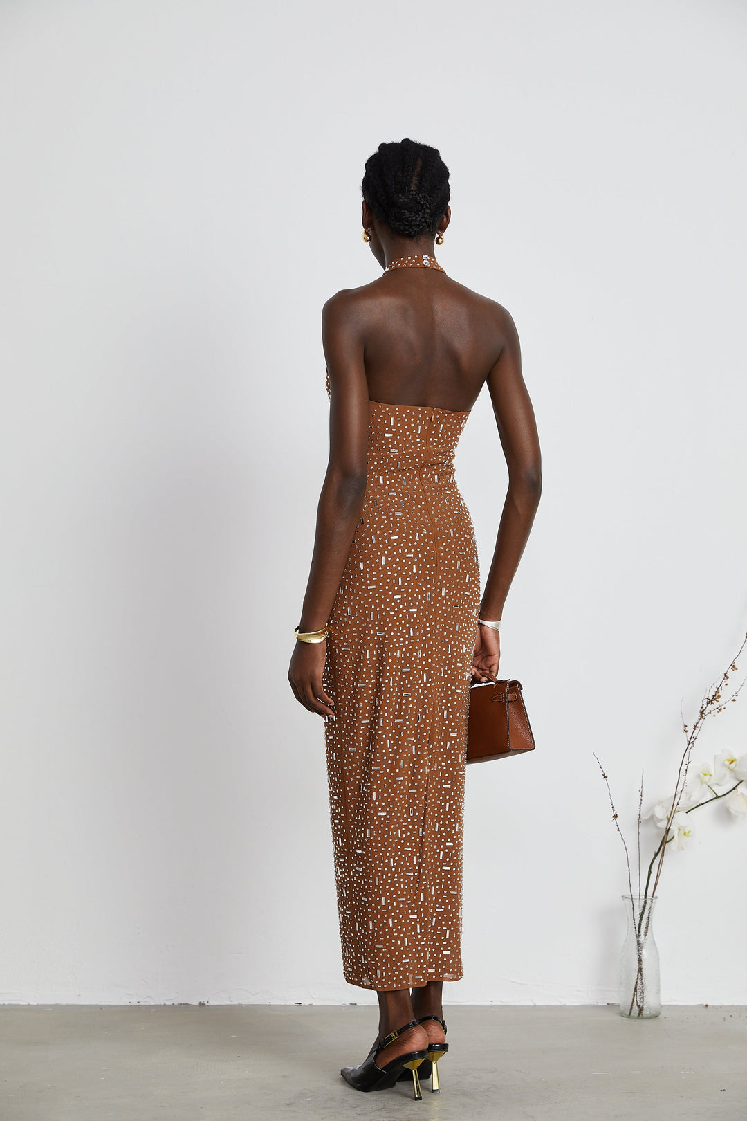 Levoire | Robe Maxi Bodycon À Dos Nu Ornée De Brun