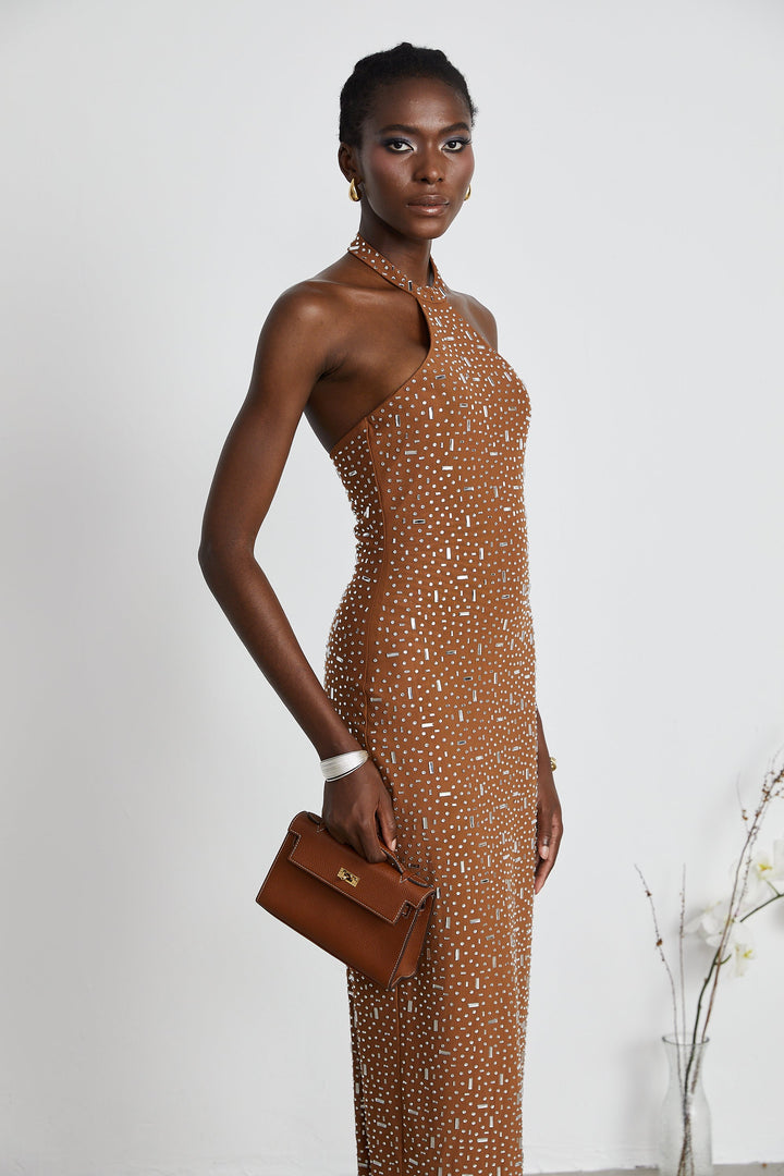 Levoire | Robe Maxi Bodycon À Dos Nu Ornée De Brun