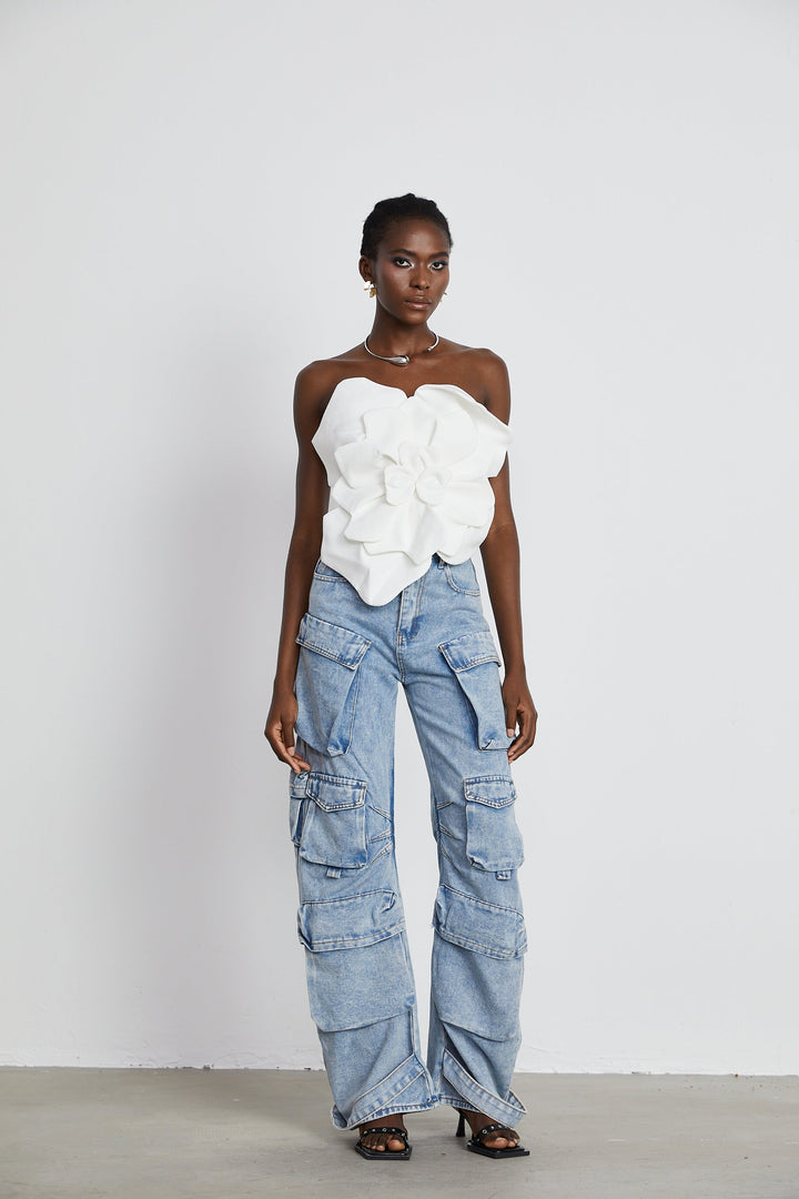Levoire | Blanc Fleurs Top Épaules Dégagées
