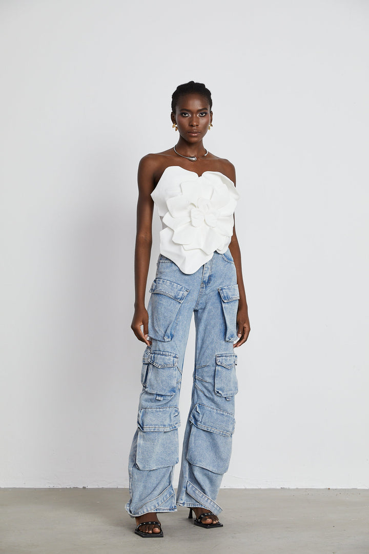 Levoire | Blanc Fleurs Top Épaules Dégagées