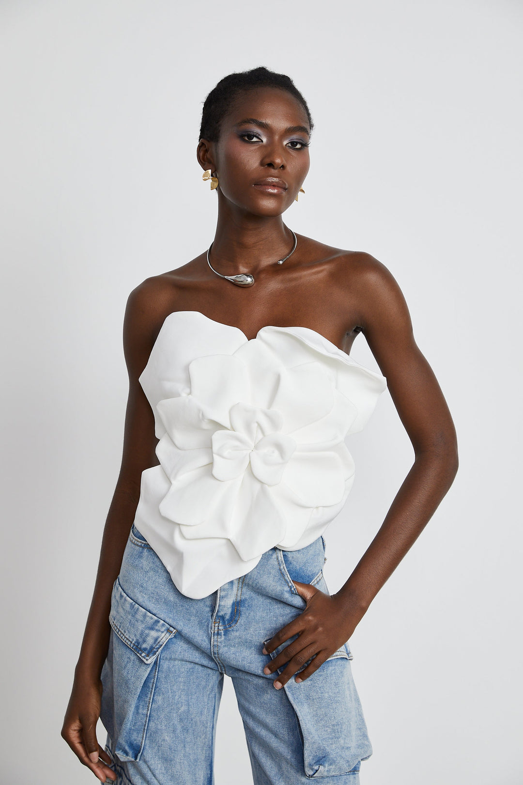 Levoire | Blanc Fleurs Top Épaules Dégagées