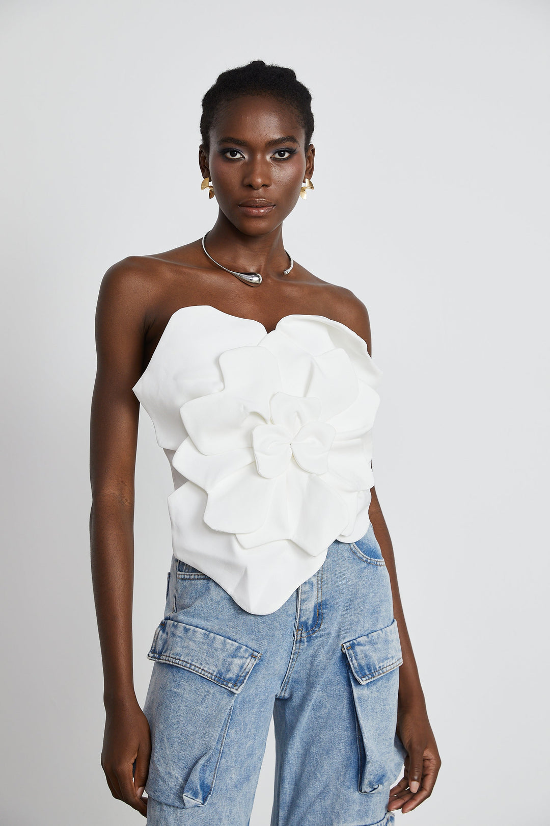 Levoire | Blanc Fleurs Top Épaules Dégagées