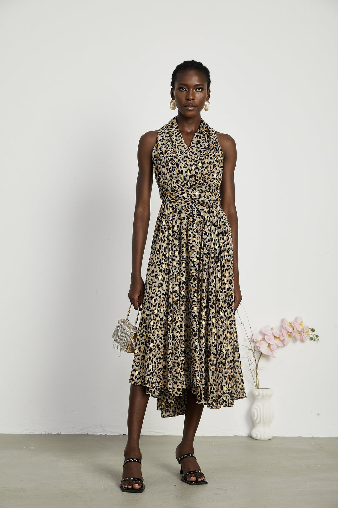 Levoire | V-Décolleté Imprimé Léopard Robe Midi